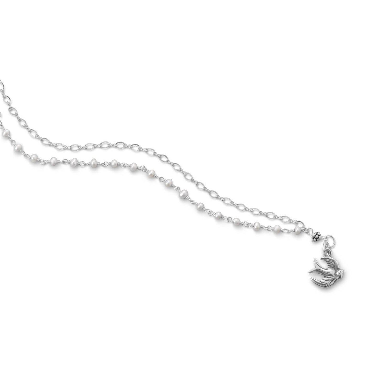 Bird Charm Pearl Silver Double Strand Bracelet
