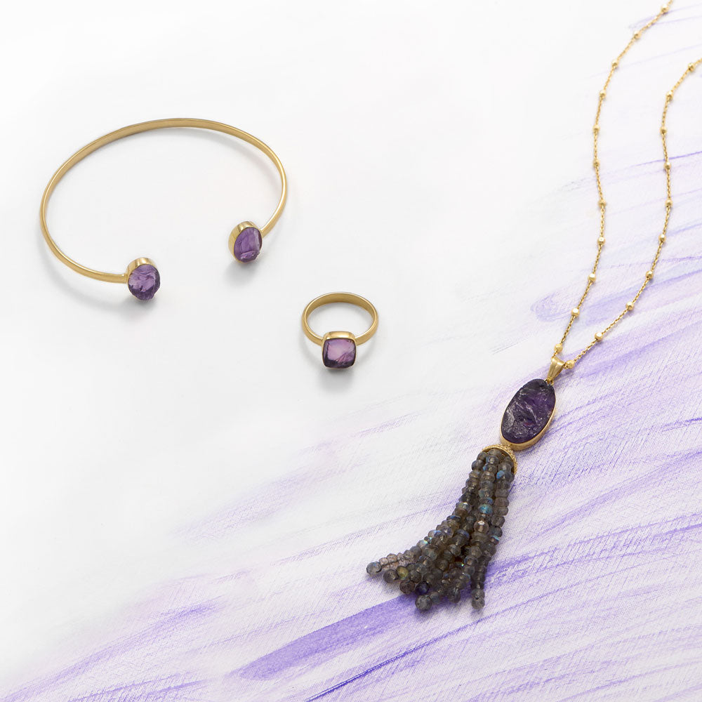 Amethyst with Labradorite Tassel Necklace in Vermeil Gold