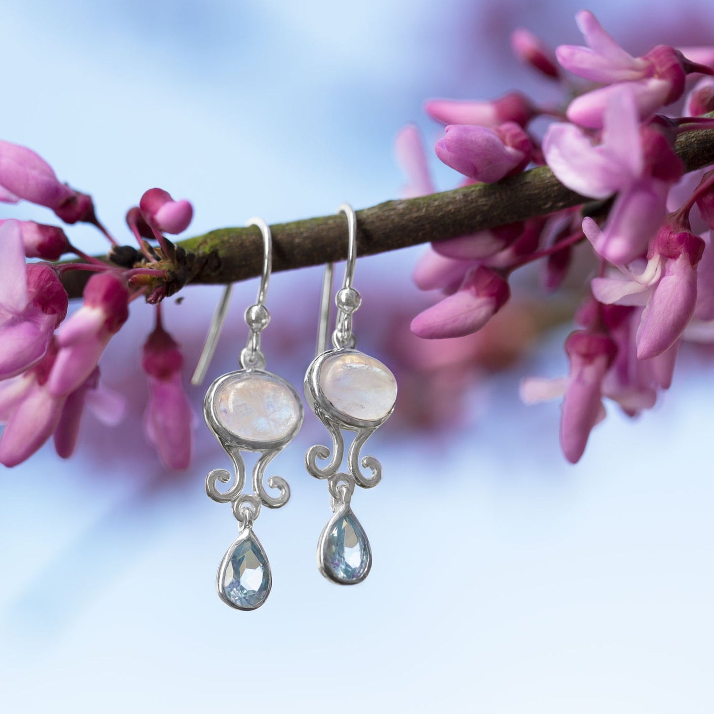Rainbow Moonstone & Blue Topaz Drop Silver Earrings