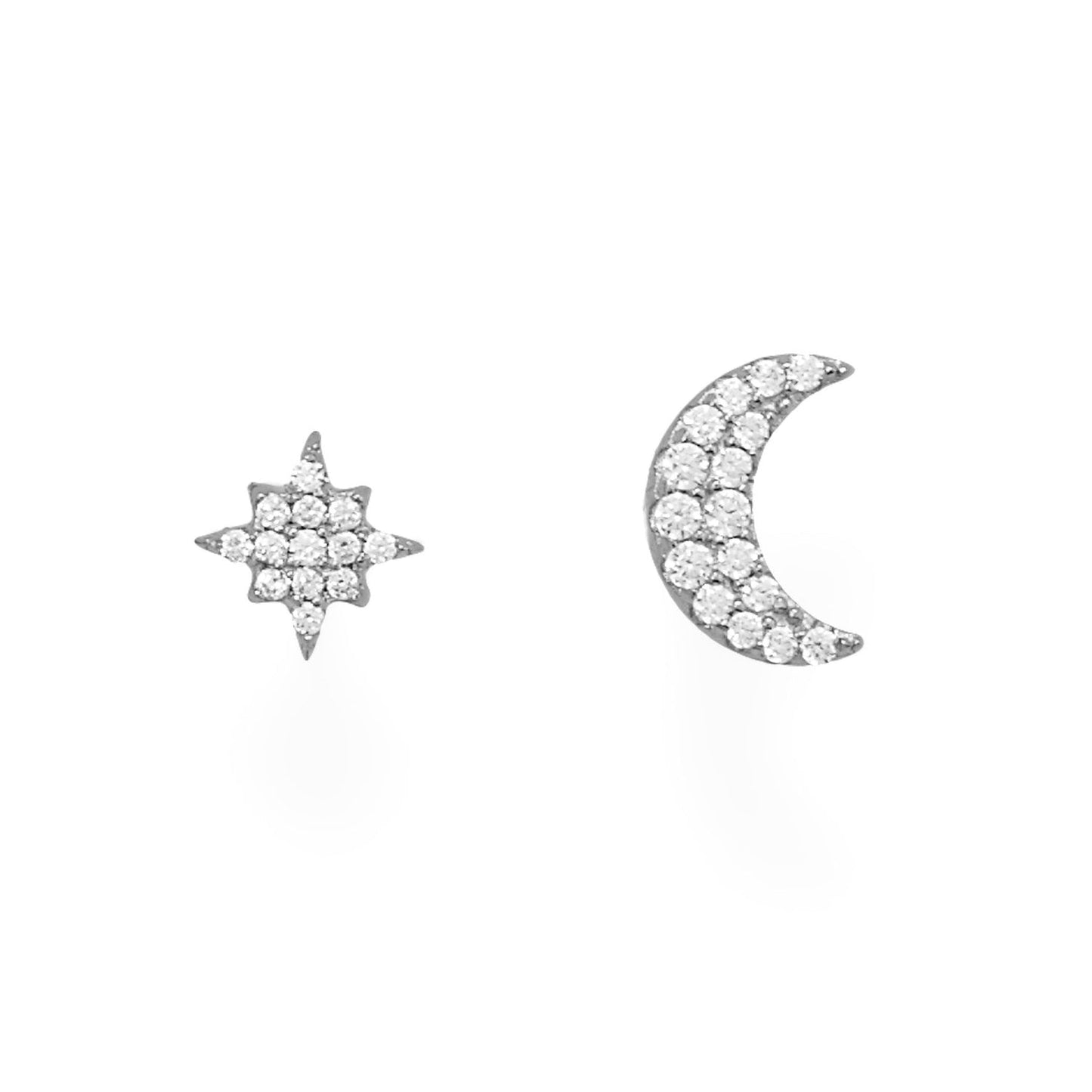 Moon & Star CZ Stud Silver Earrings