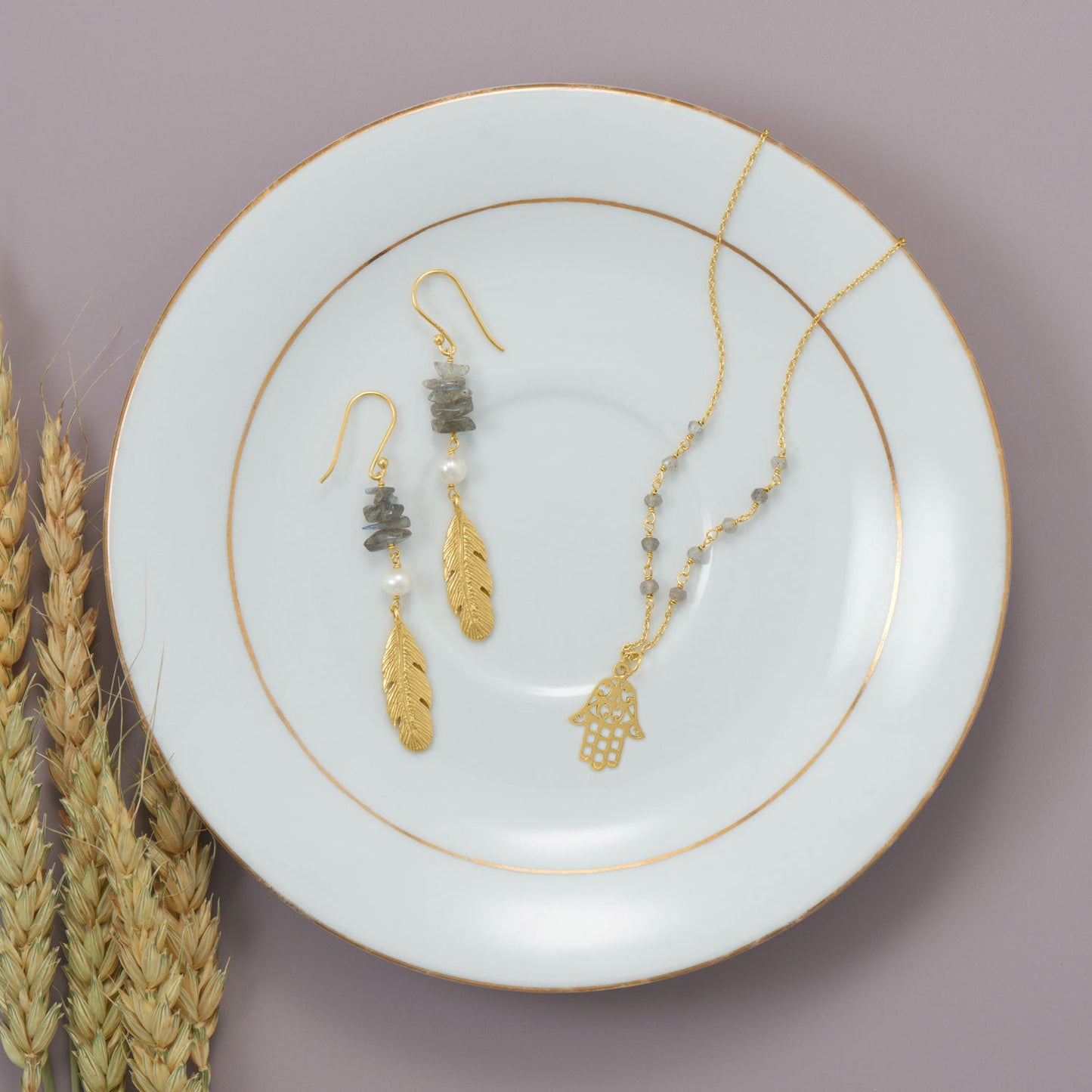 Pearl and Labradorite Feather Drop Earrings