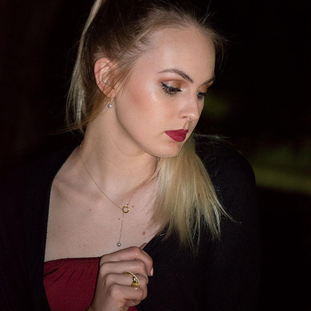 14 Karat Gold Lariat Necklace with Pearl Drop