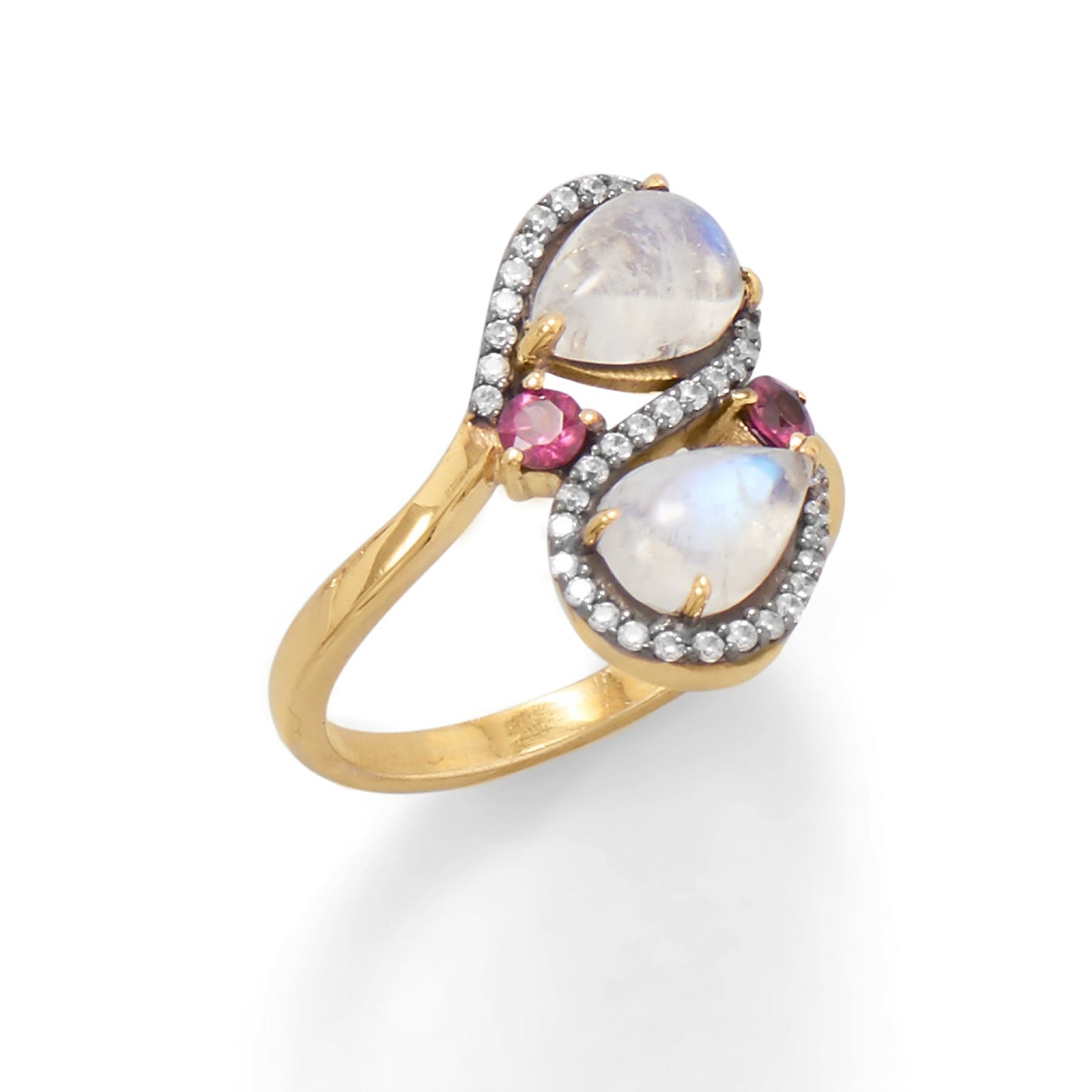 Pear Moonstone Pink Rhodolite Ring in Vermeil Gold