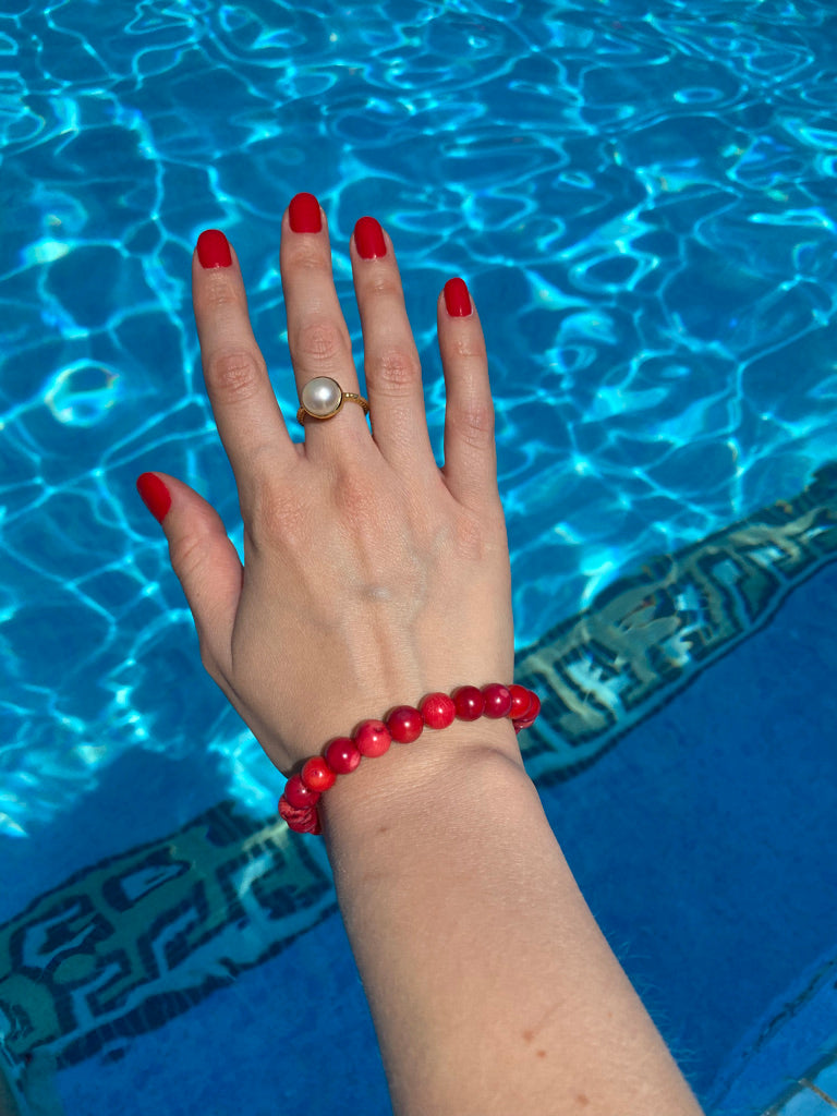 Red Coral Crystal Bead Stretch Bracelet