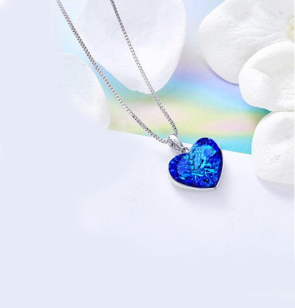 Blue Heart Crystal Necklace in 14K White Gold Plated