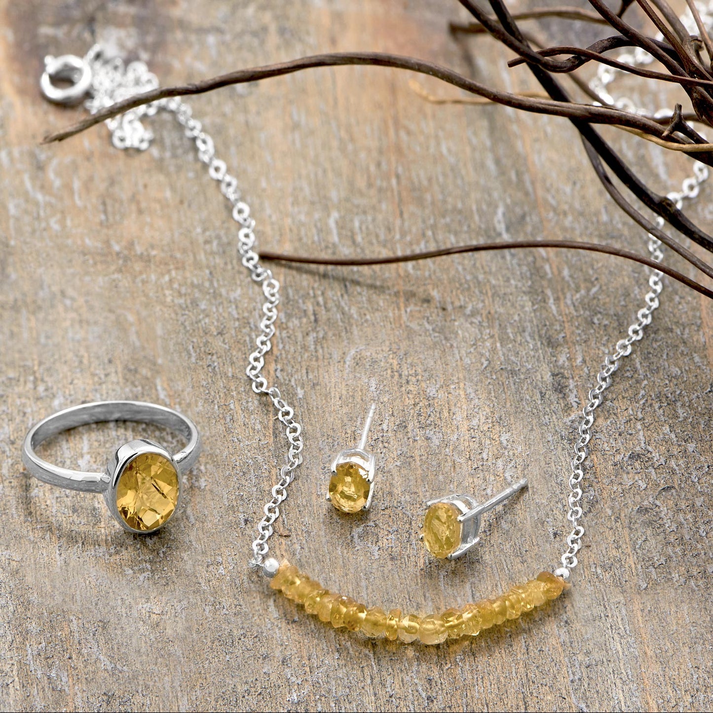 Birthstone Citrine Beads Silver Necklace