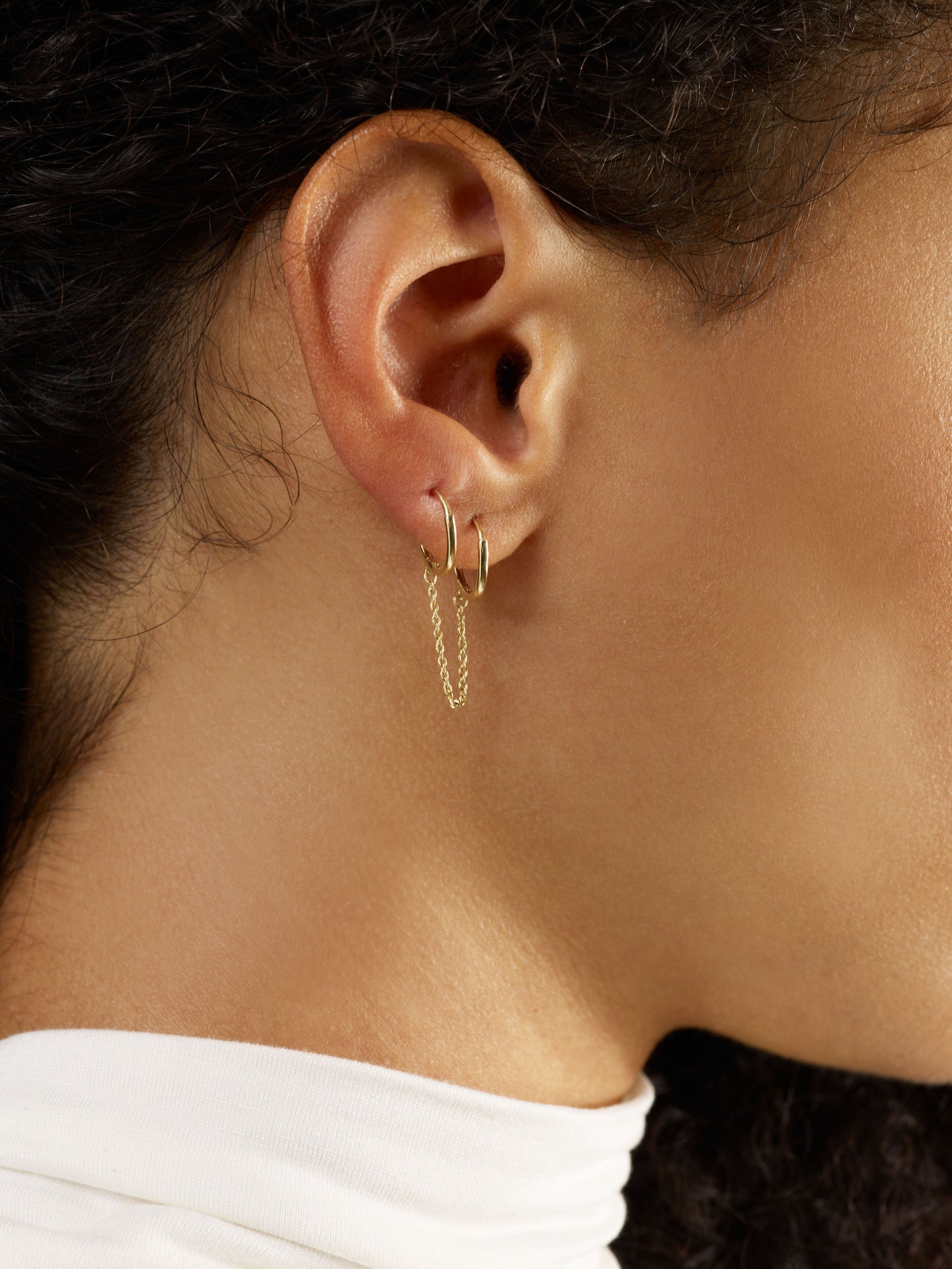 Double Pierced Chain Huggies Earring 14K Gold