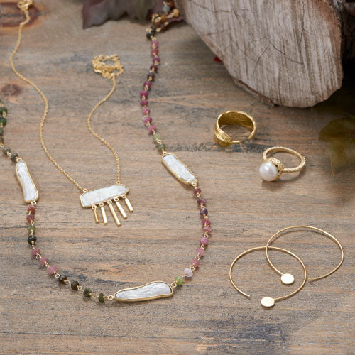 Tourmaline and Pearl Necklace in Vermeil Gold