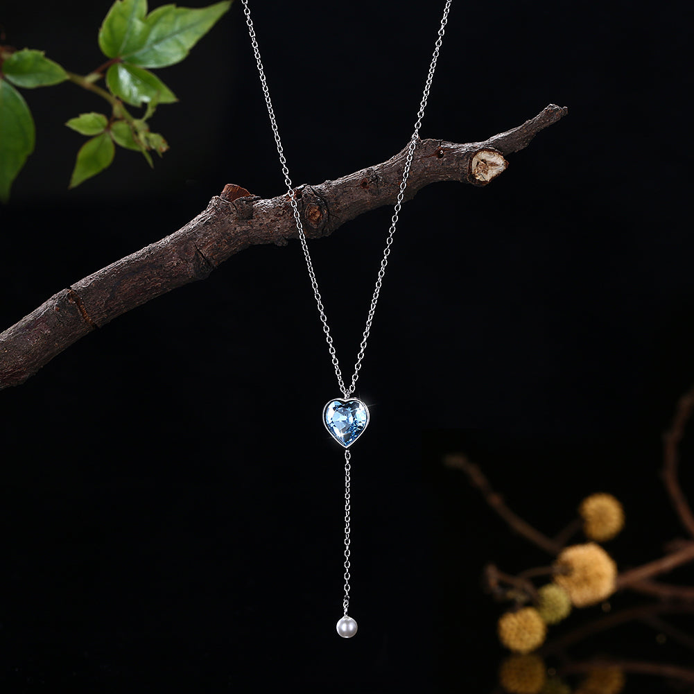 Bermuda Blue Swarovski Crystals Sterling Silver Pave Heart Drop Necklace, Necklaces, Golden NYC Jewelry, Golden NYC Jewelry jewelryjewelry deals, swarovski crystal jewelry, groupon jewelry,, jewelry for mom,