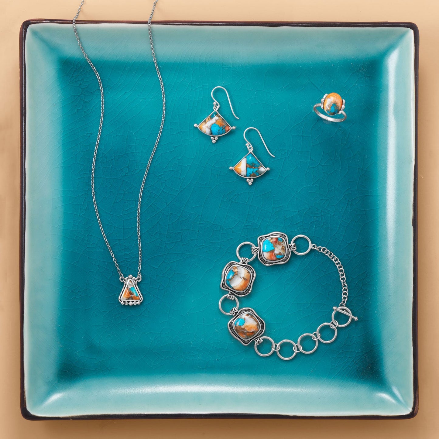 Spiny Oyster Turquoise Triangle Silver Necklace