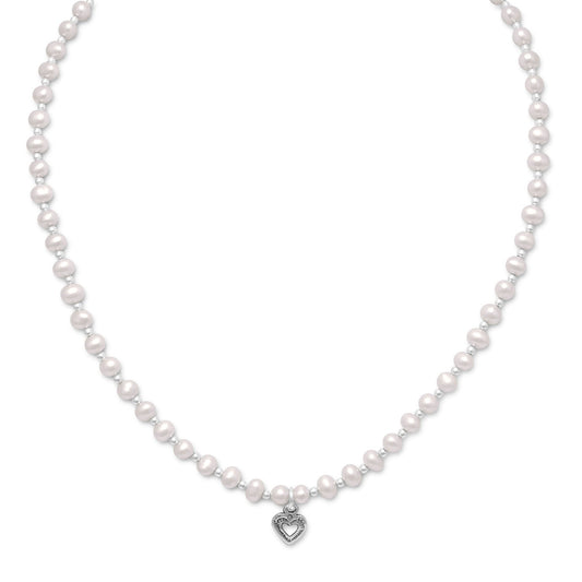 13"+2" Extension Cultured Freshwater Pearl/Silver Bead Necklace with Oxidized Heart