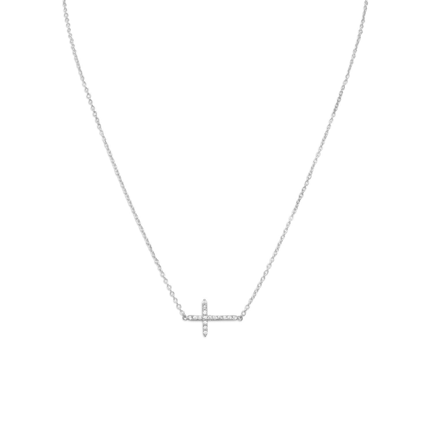 16" + 2" Rhodium Plated CZ Sideways Cross Necklace