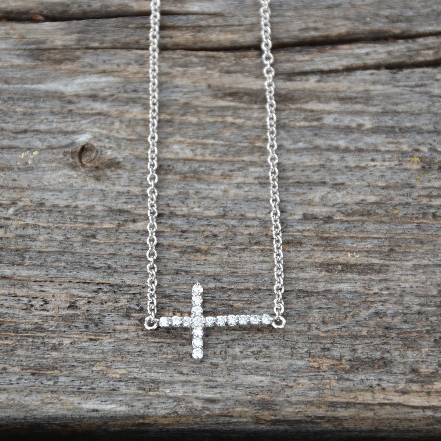 Sideways Cross CZ Silver Necklace