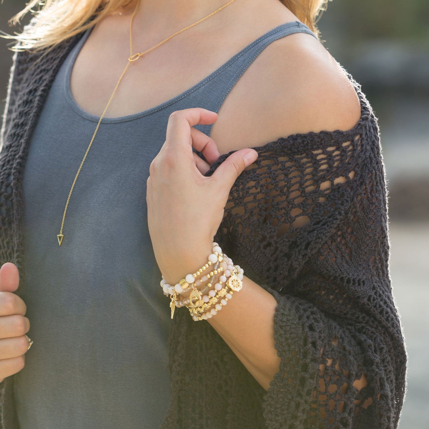 Circle and Triangle Lariat Vermeil Gold Necklace
