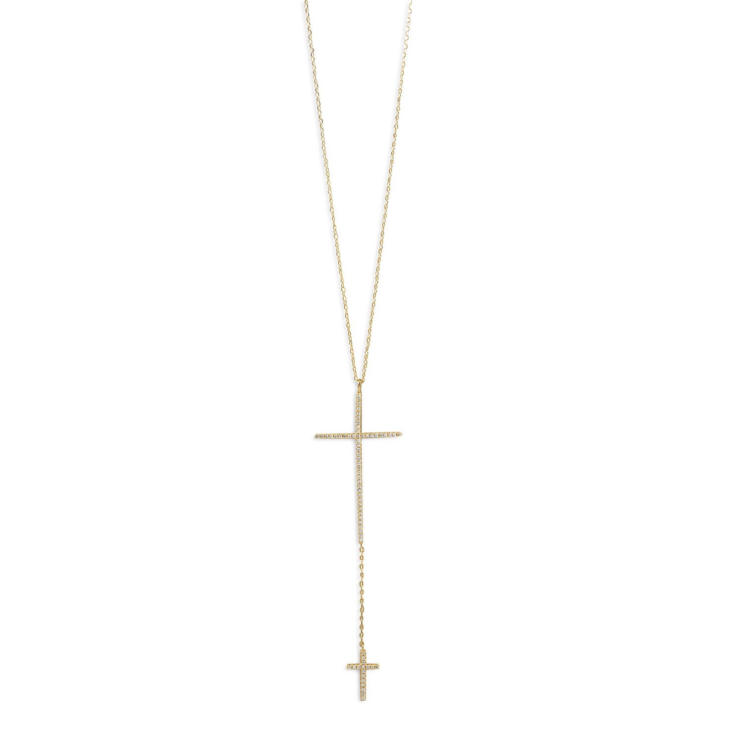 14 Karat Gold Plated Necklace with Double CZ Cross Drop