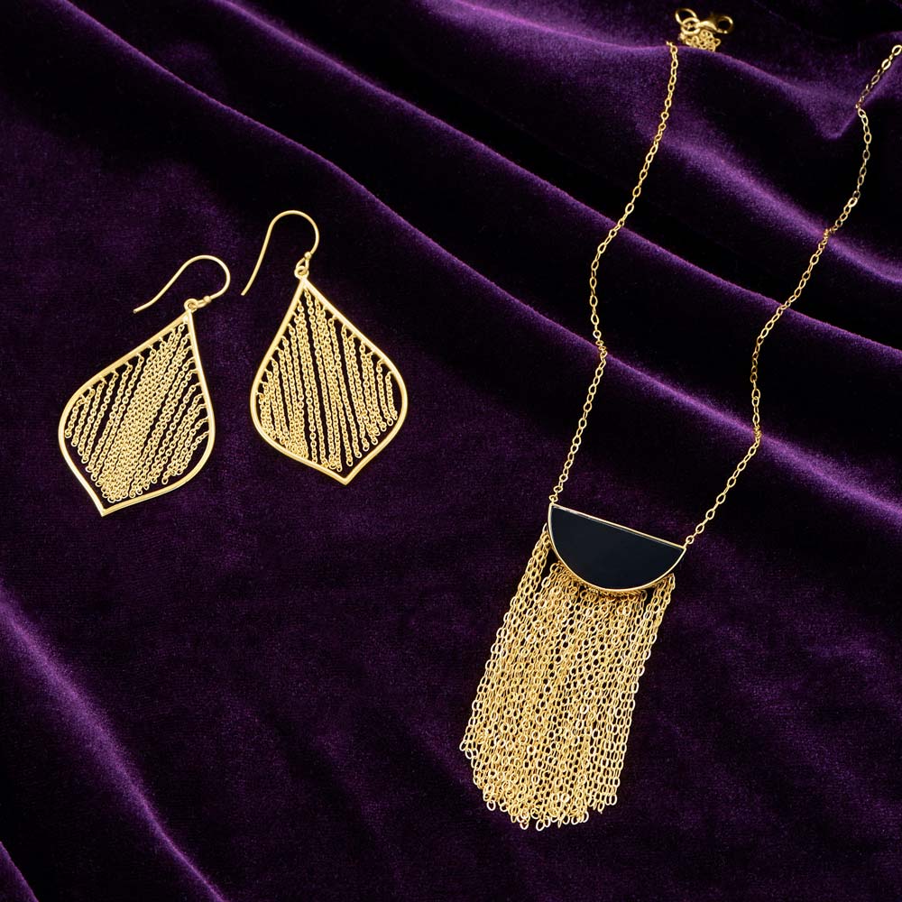 Black Onyx Fringe Necklace in Vermeil Gold - 20's Vibe