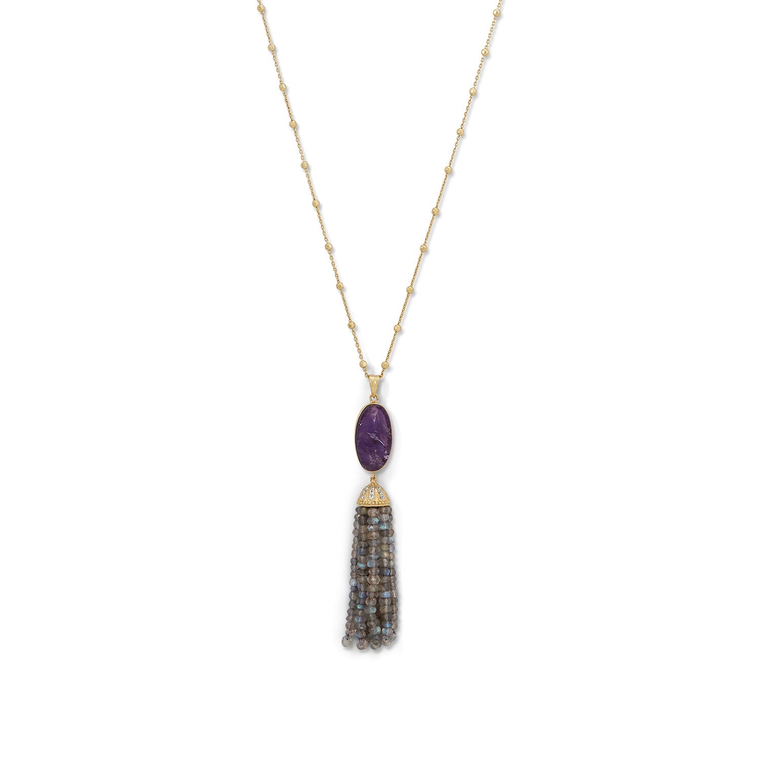 14 Karat Gold Plated Amethyst and Labradorite Tassel Necklace