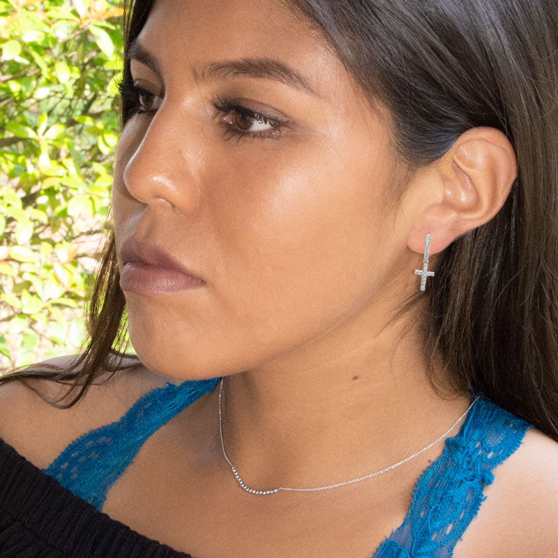 Cross CZ Silver Hoop Earrings