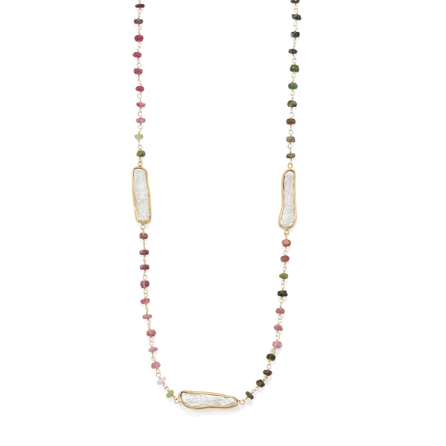 24" 14 Karat Gold Plated Tourmaline and Cultured Freshwater Pearl Necklace