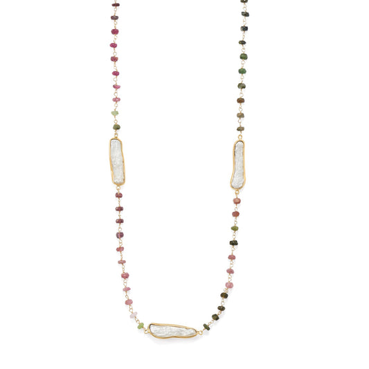 24" 14 Karat Gold Plated Tourmaline and Cultured Freshwater Pearl Necklace