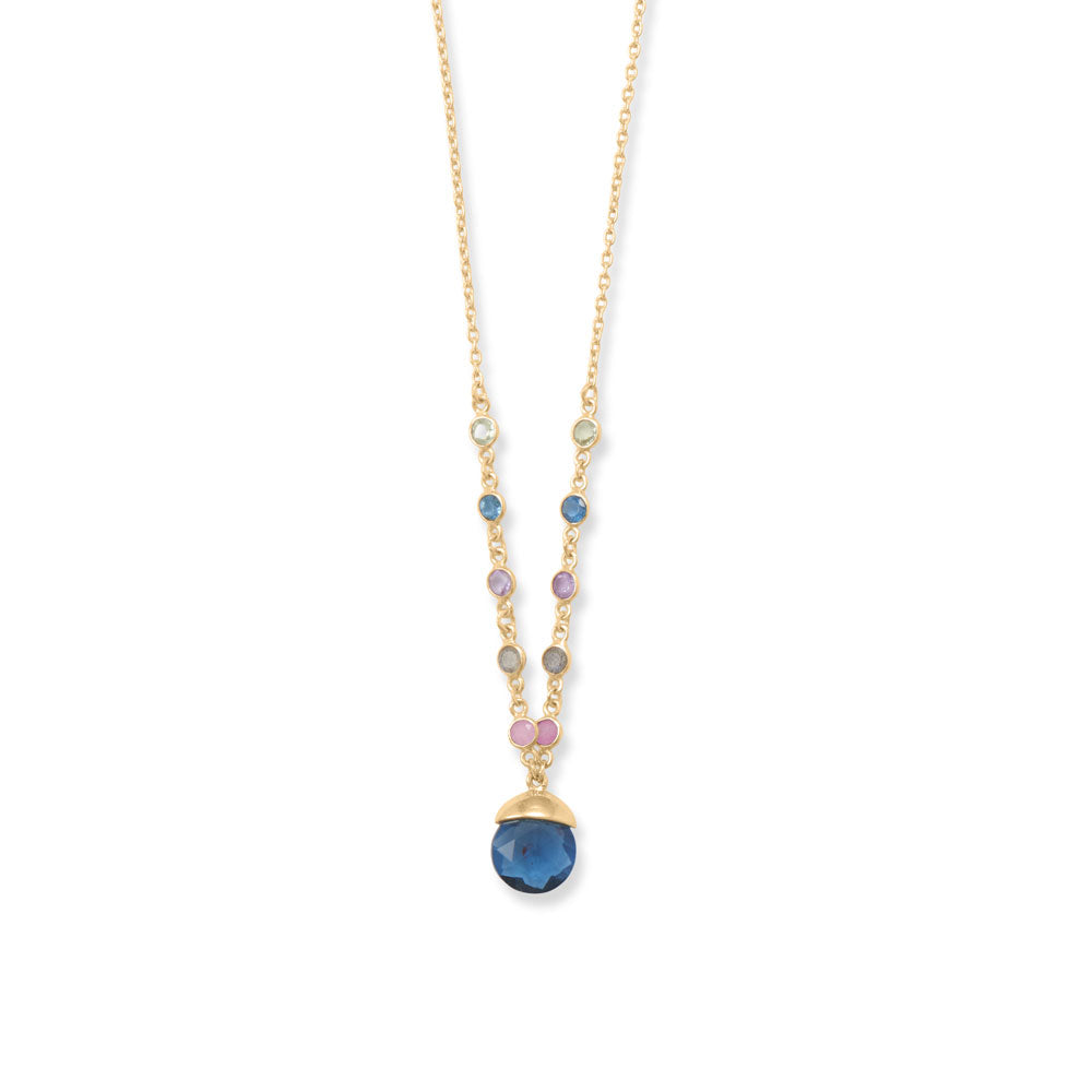 16" + 2" 14 Karat Gold Plated Blue Glass Drop Necklace