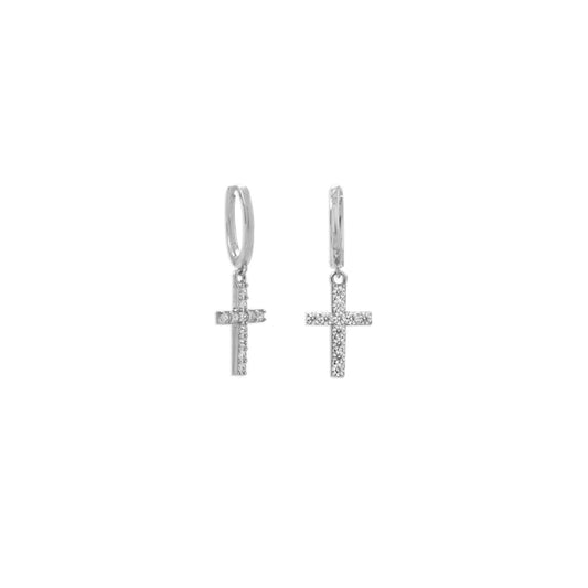 Rhodium Plated Hoop Earrings with CZ Cross