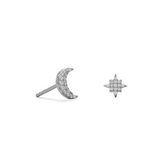 Rhodium Plated CZ Moon and Star Stud Earrings