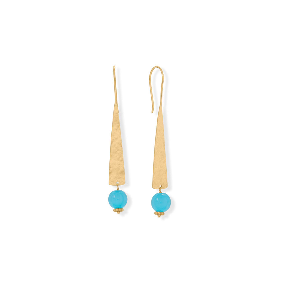 14 Karat Gold Plated Long Hammered Aqua Chalcedony Eararings