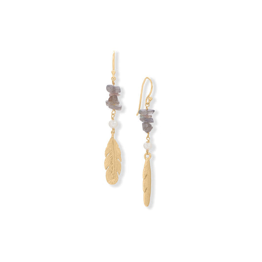 Cultured Freshwater Pearl and Labradorite Feather Earrings