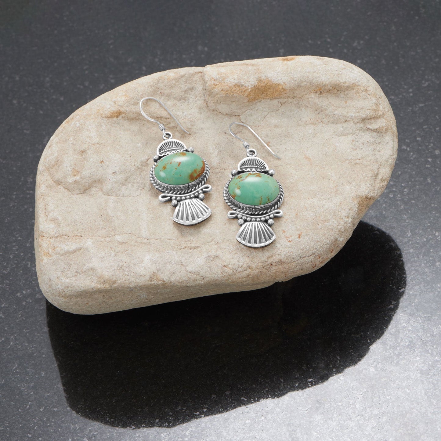 Native American Turquoise and Fan Design Silver Earrings