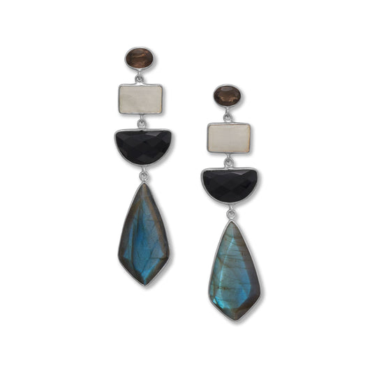 Rhodium Plated Geometric Stone Drop Earrings