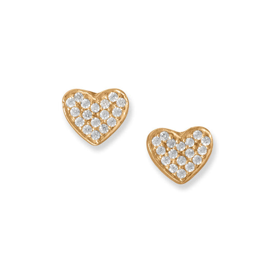 14 Karat Gold Plated Pave CZ Heart Stud Earrings