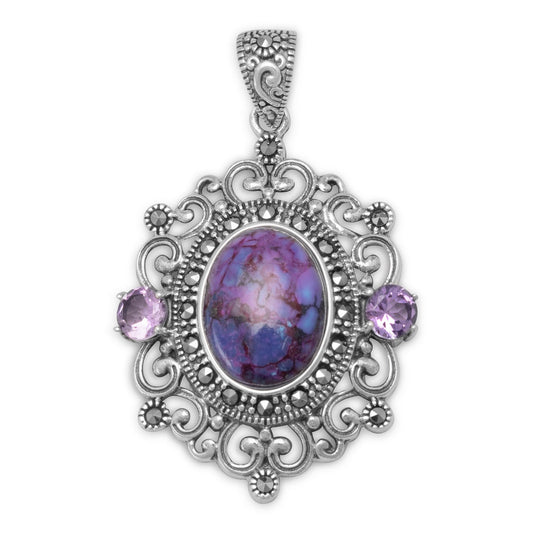 Ornate Marcasite and Reconstituted Purple Turquoise Pendant