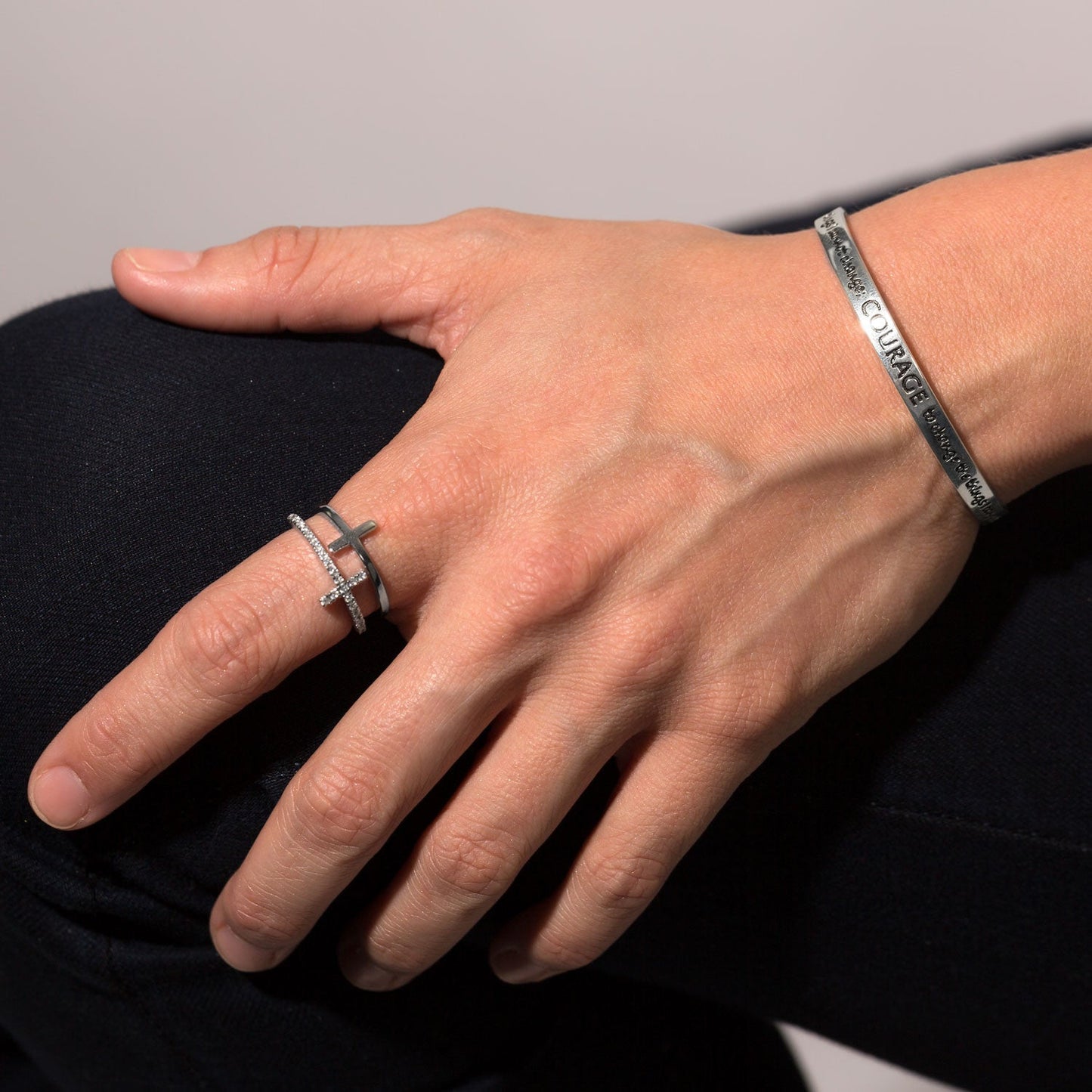 Double Cross Silver CZ Ring
