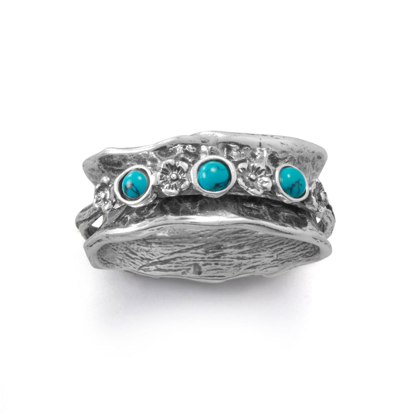 Spin Silver Flower Ring with Turquoise Stones