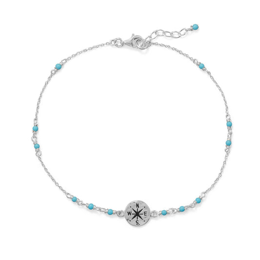 9.25"+.75" Blue Beaded Anklet with Compass Charm