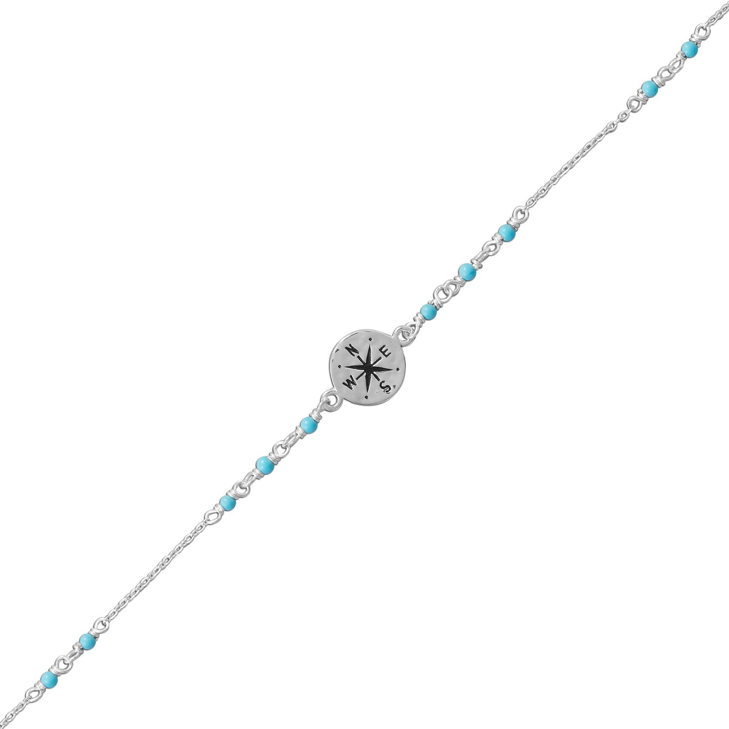 Compass Charm Blue Bead Silver Anklet