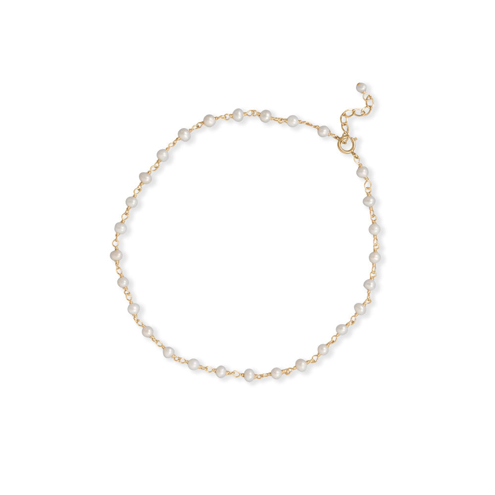 9.5" + 1" 14 Karat Gold Plated Pearl Bead Anklet