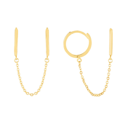 Double Pierced Chain Huggies Earring 14K Gold