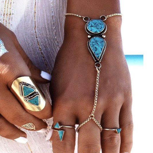 Turquoise Finger Link Hand Bracelet in 18K Gold Plated