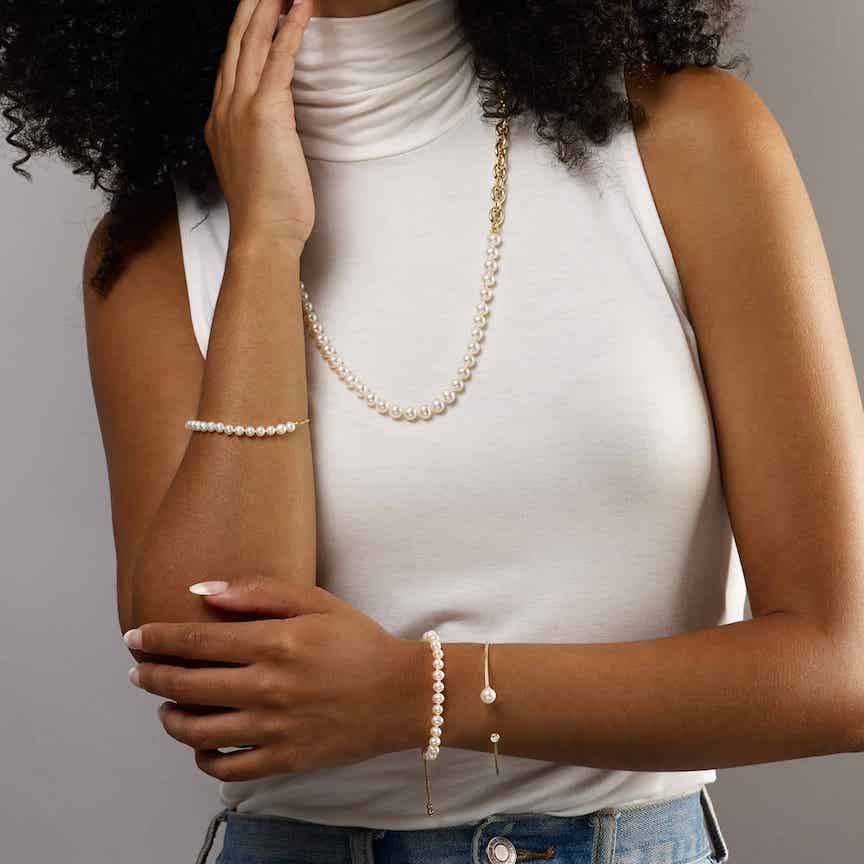 Half Chain Pearl 14K Gold Necklace